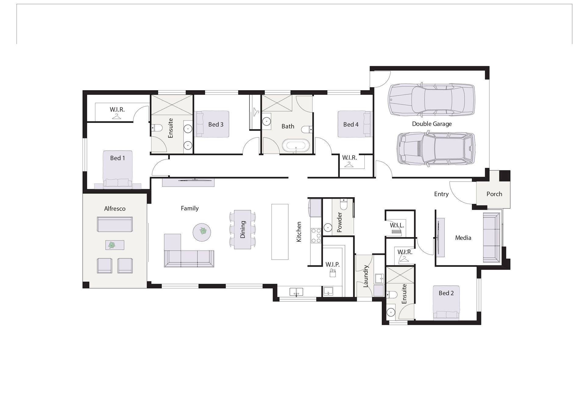 Modern beige house with a driveway, garage, and front yard landscaping.