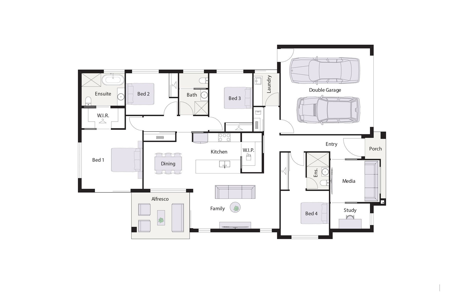 Modern beige house with a driveway, garage, and front yard landscaping.