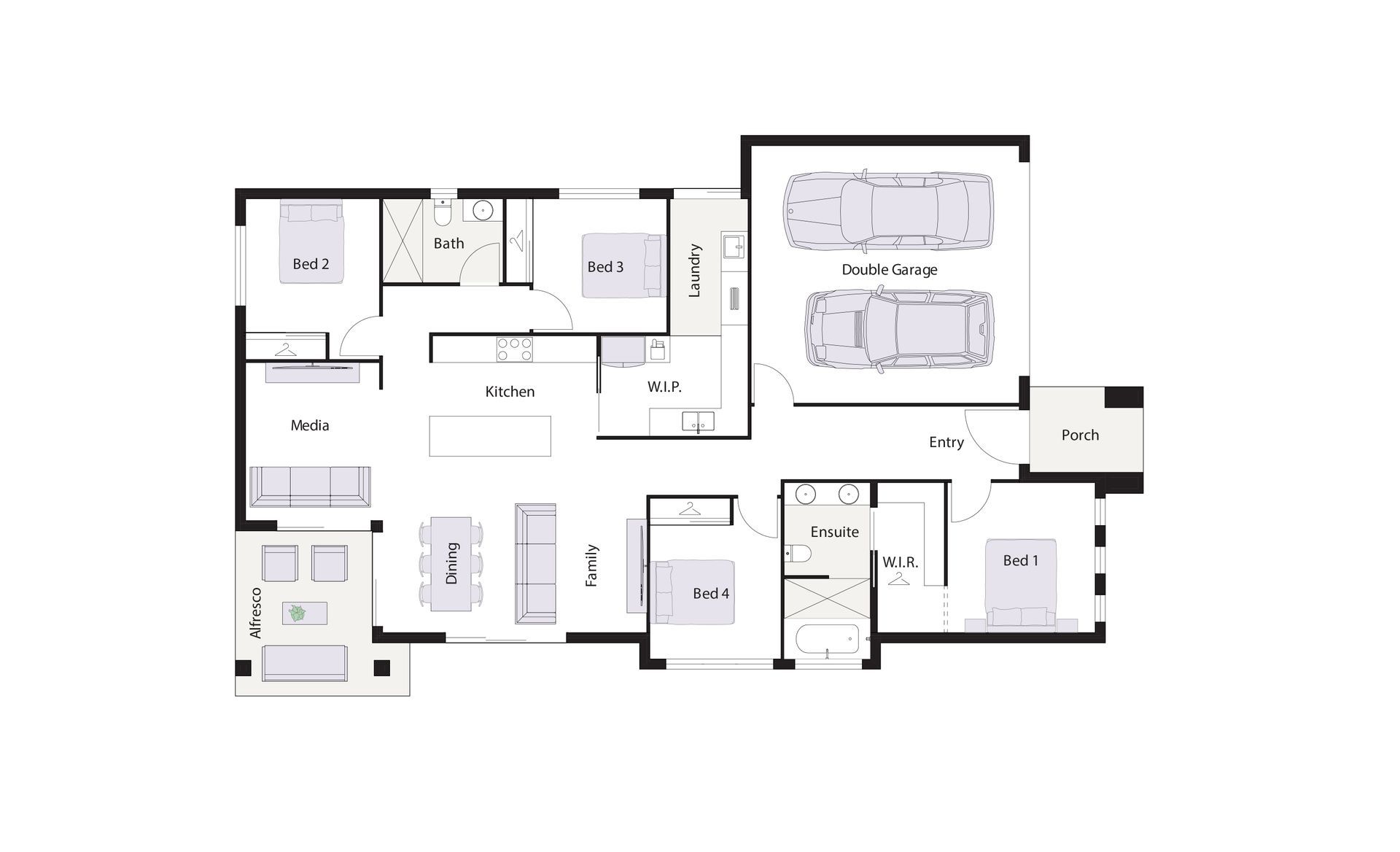 Modern beige house with a driveway, garage, and front yard landscaping.