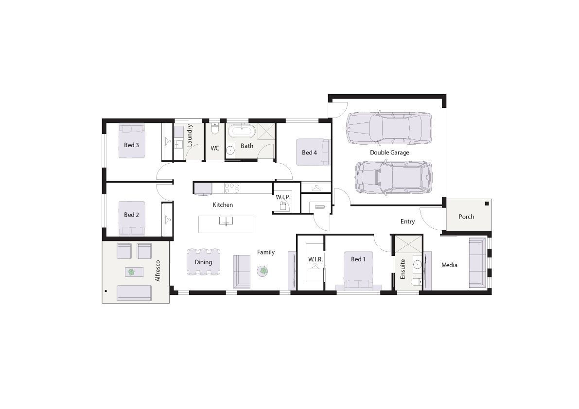 Modern beige house with a driveway, garage, and front yard landscaping.