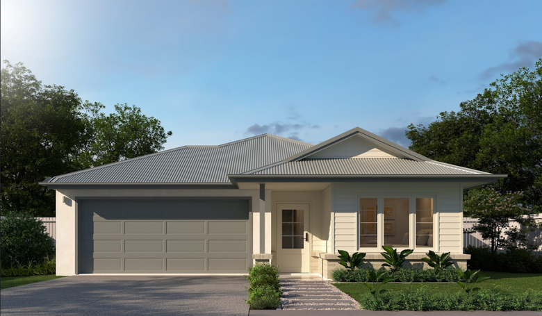 Single-story house with gray roof and garage, cream walls, and green landscaping under a blue sky.