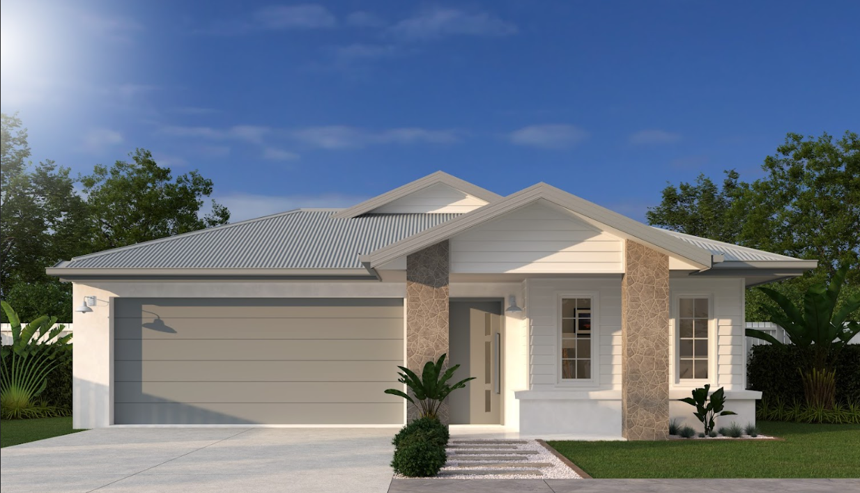 Modern white house with gray roof and garage, blue sky.