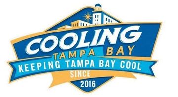 Blue and gold logo for "Cooling Tampa Bay," featuring a building silhouette and the text "Keeping Tampa Bay Cool since 2016."