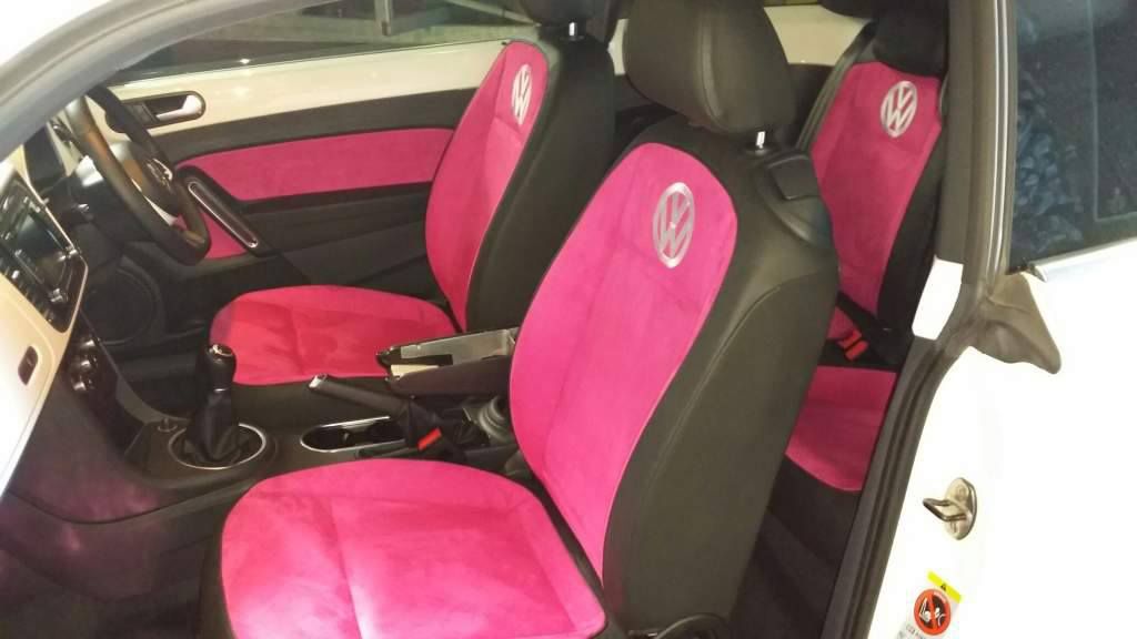 The Interior of a White Car With Pink Seat Covers — Custom Unique Trimming in Mackay, QLD