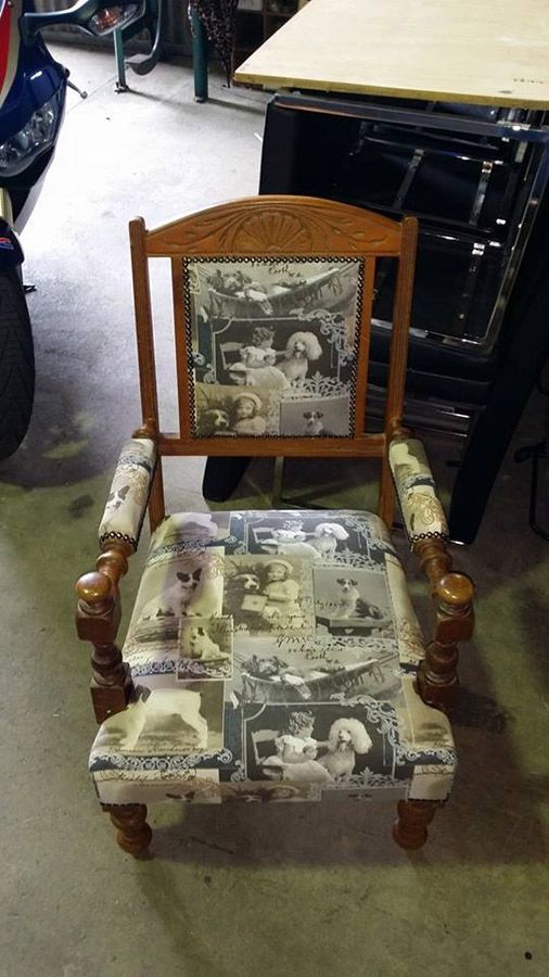 A Wooden Rocking Chair With a Picture on the Back of It — Custom Unique Trimming in Mackay, QLD