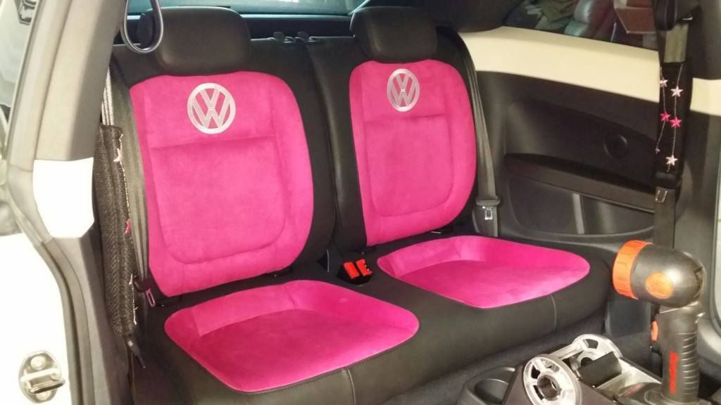 The Back Seat of a Volkswagen With Pink Seat Covers — Custom Unique Trimming in Mackay, QLD
