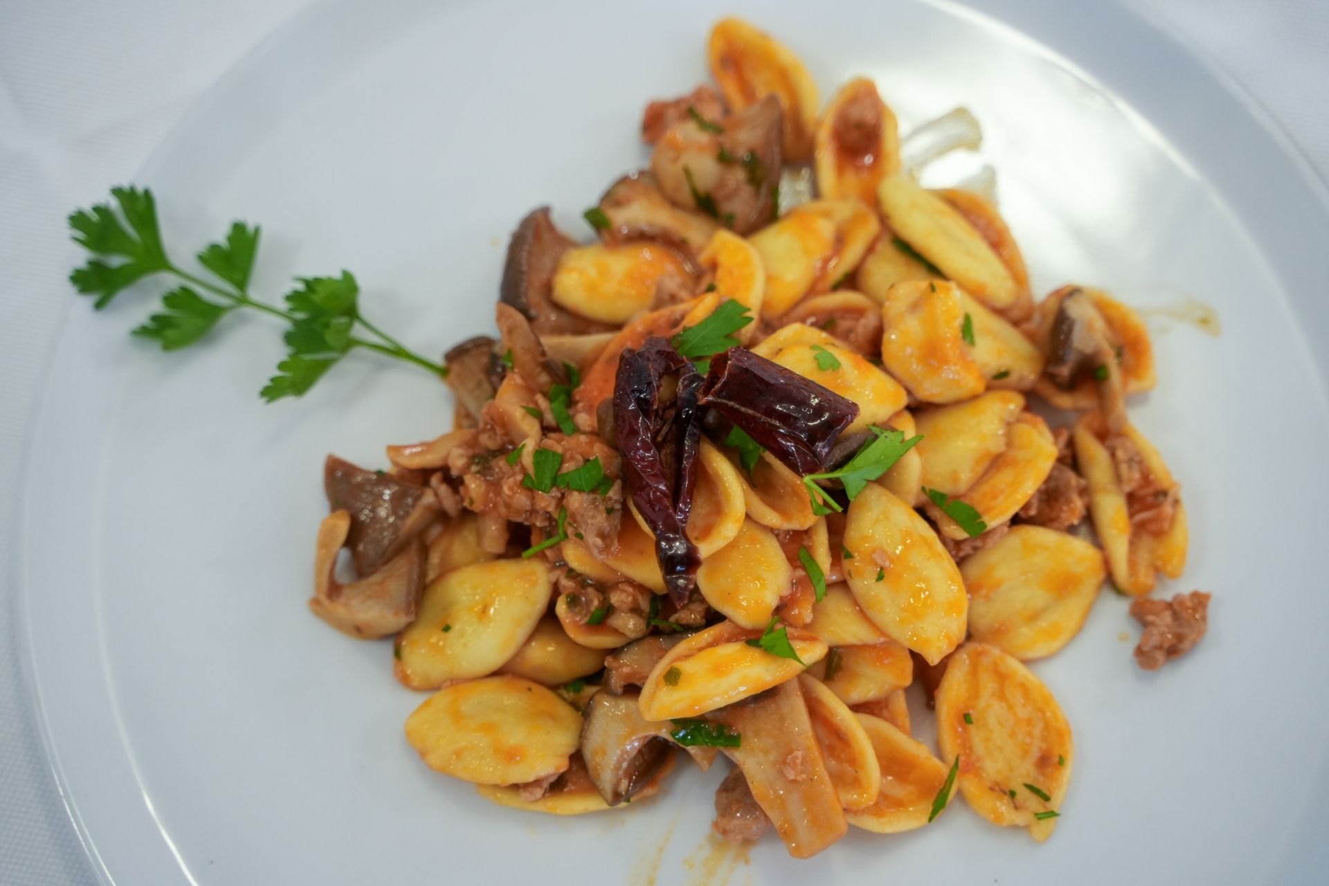 Un piatto bianco condito con pasta, funghi e prezzemolo