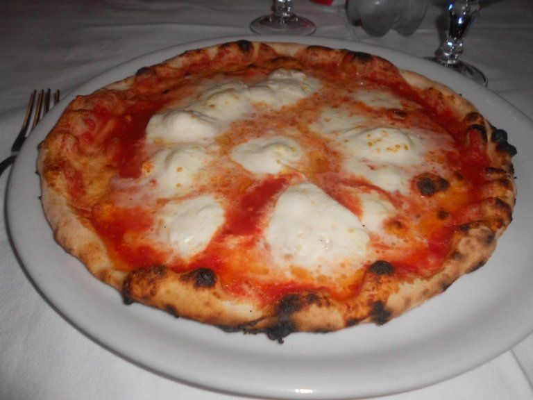 Una pizza con salsa di pomodoro e formaggio su un piatto bianco