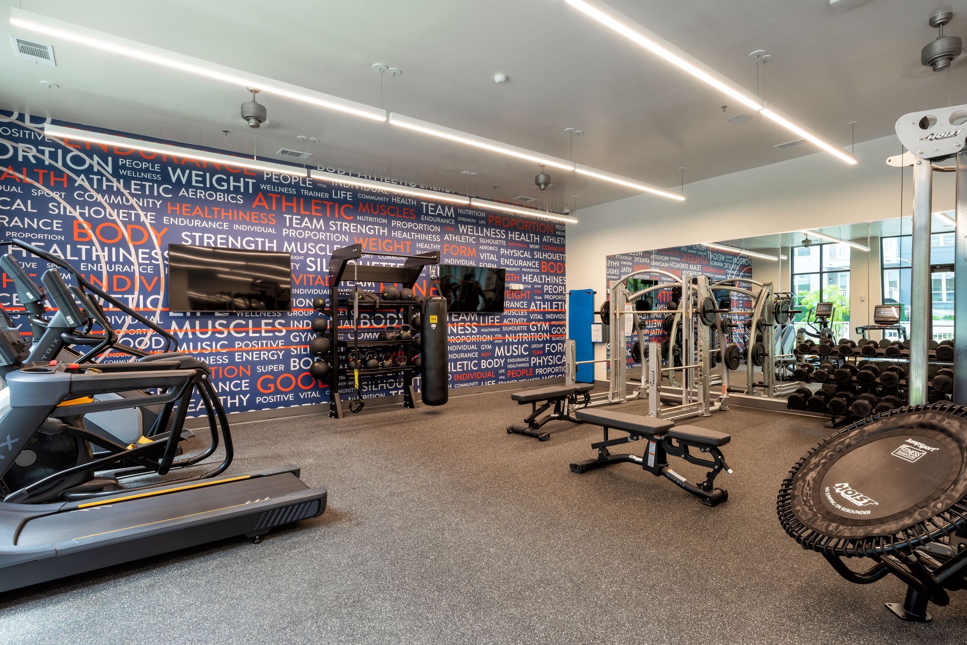 A large gym with a treadmill , exercise equipment , and a large mirror.