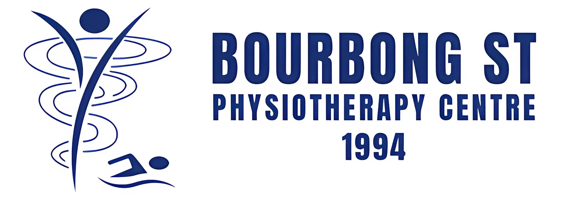 Logo for "Bourbong St Physiotherapy Centre" with a blue design of a person, water swirls, and swimmer.