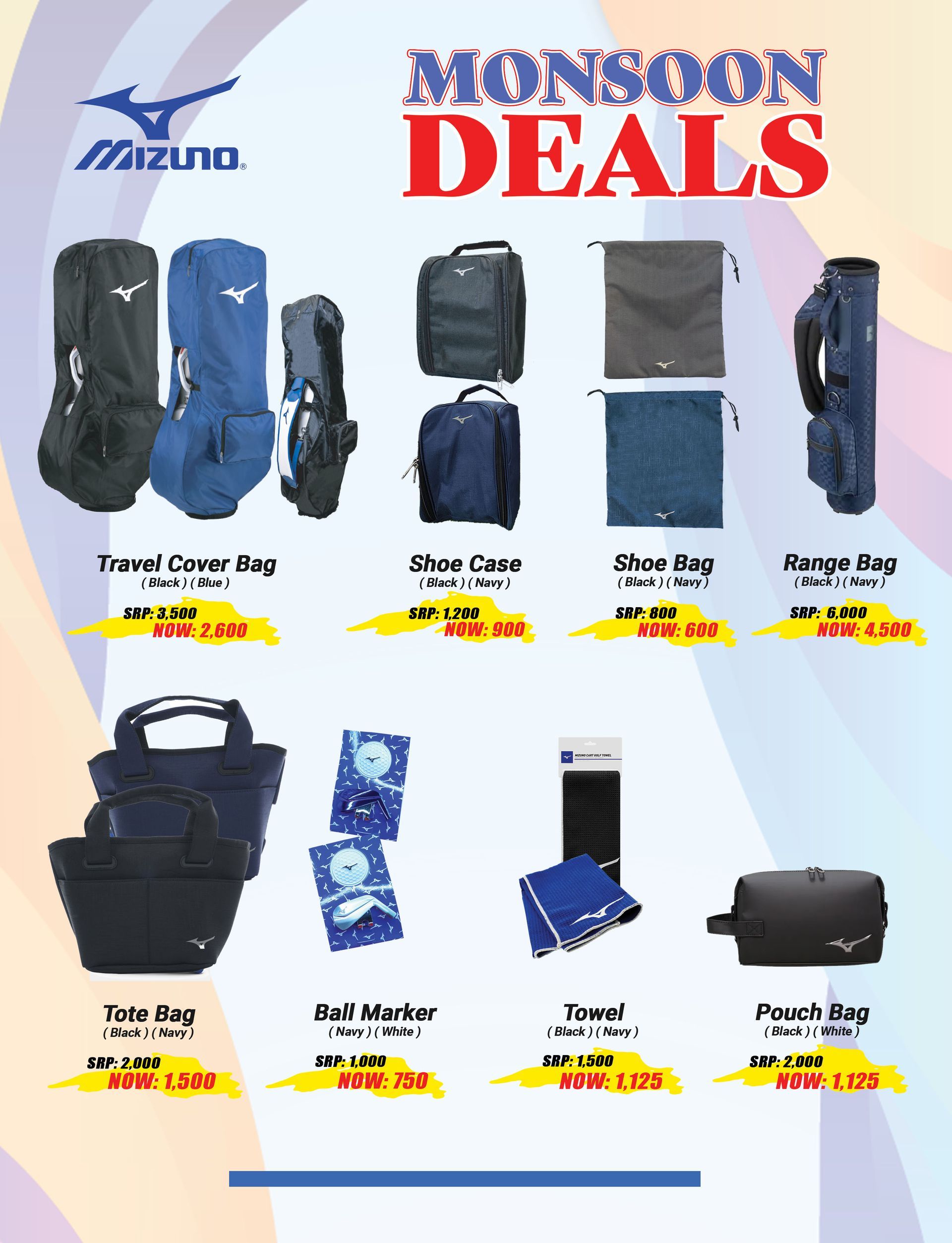 Mizuno Monsoon Deals advertisement featuring golf bags, accessories in various shades of blue, and a black bag.