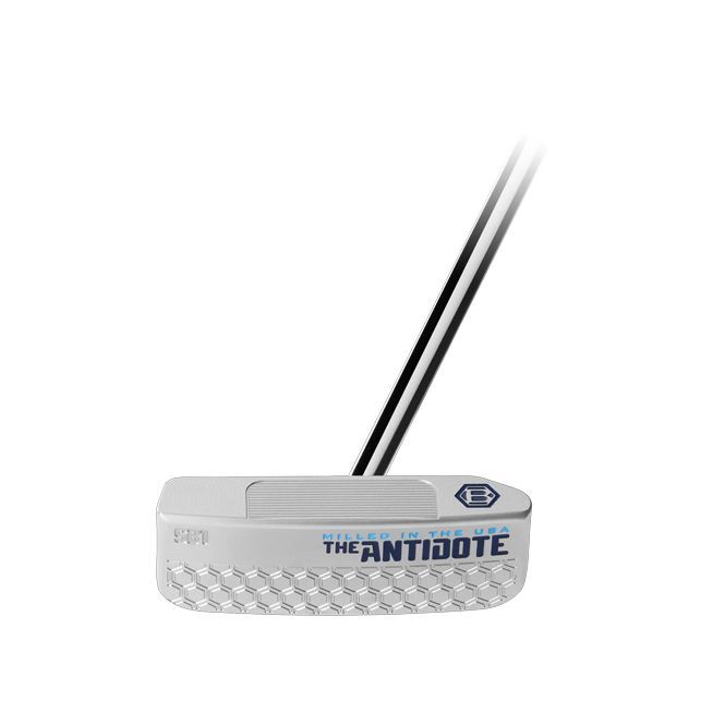 A white putter with a black and white shaft on a white background.