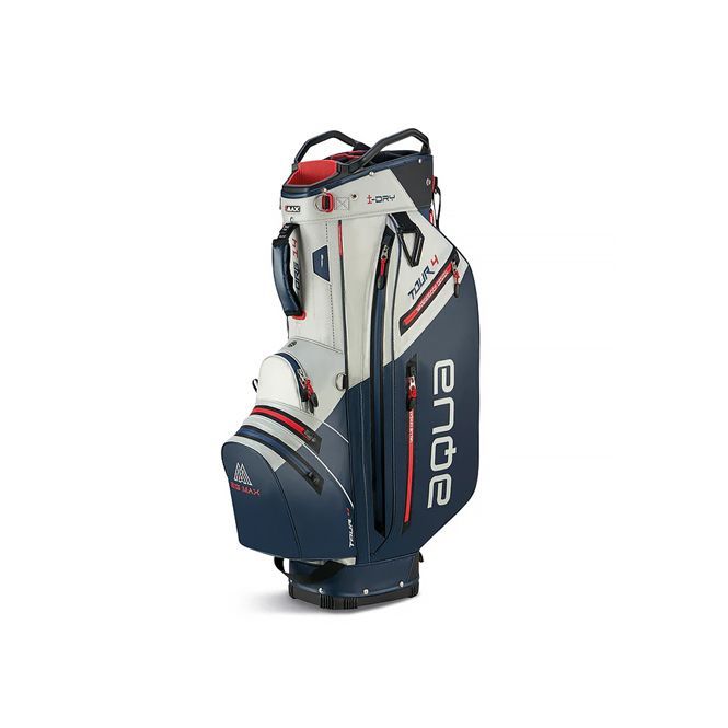 A blue and white golf bag on a white background.