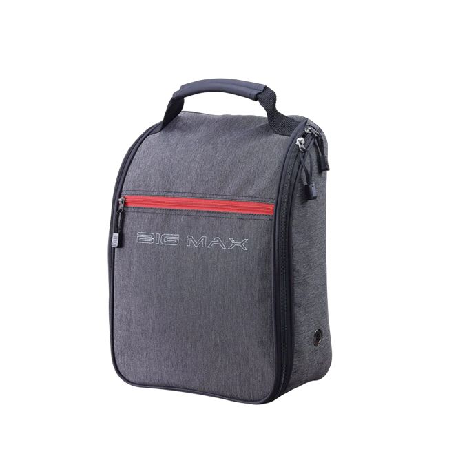 A gray bag with a red stripe on the side