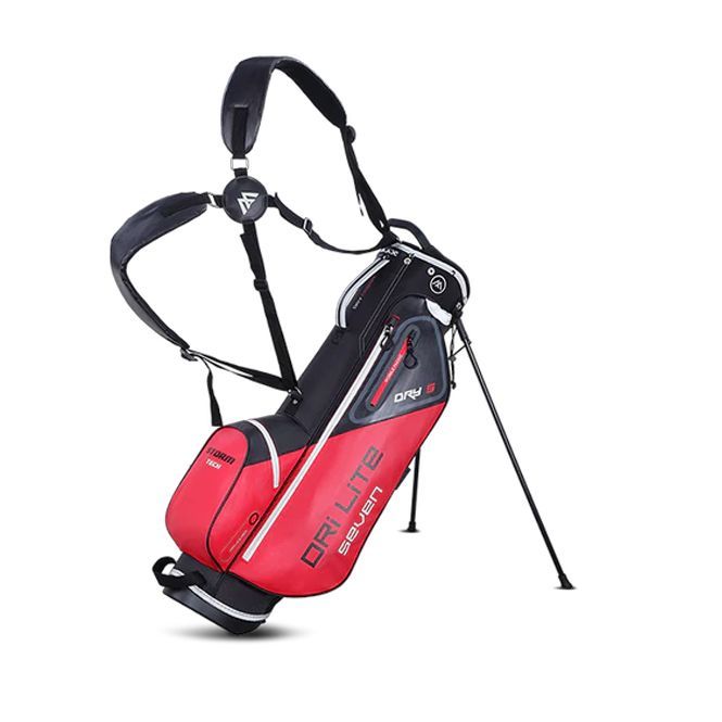 A red and black golf bag on a stand on a white background.