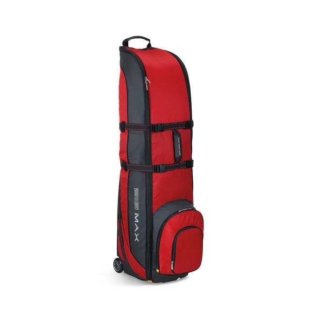 A red and black golf bag with wheels on a white background