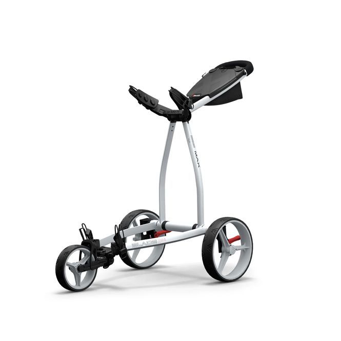 A golf cart is sitting on a white surface.