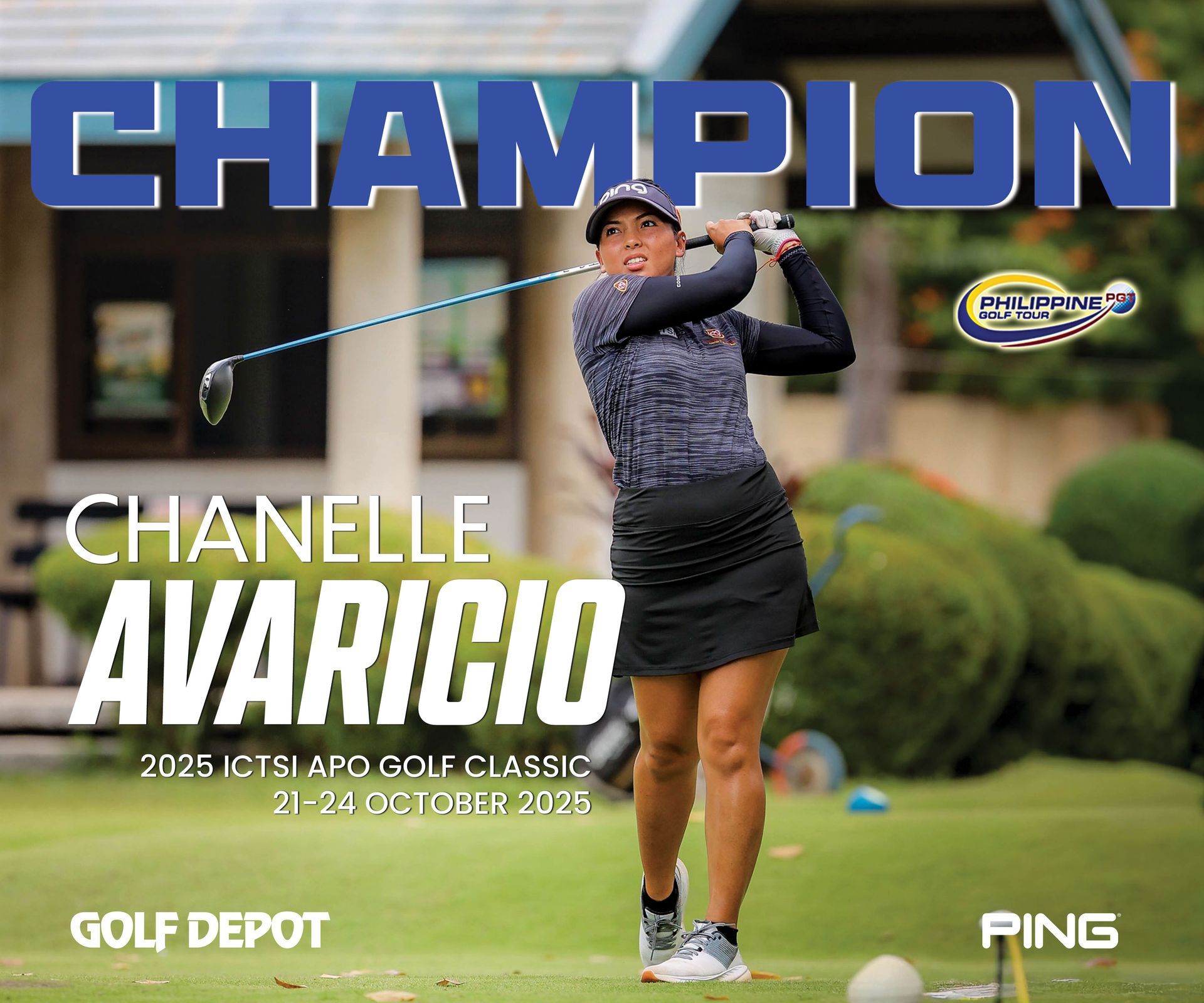 Chanelle Avaricio, golf champion, swinging her club. Event: 2025 CTSI APC GOLF CLASSIC, October 21-24. Sponsors: Golf Depot, Ping.
