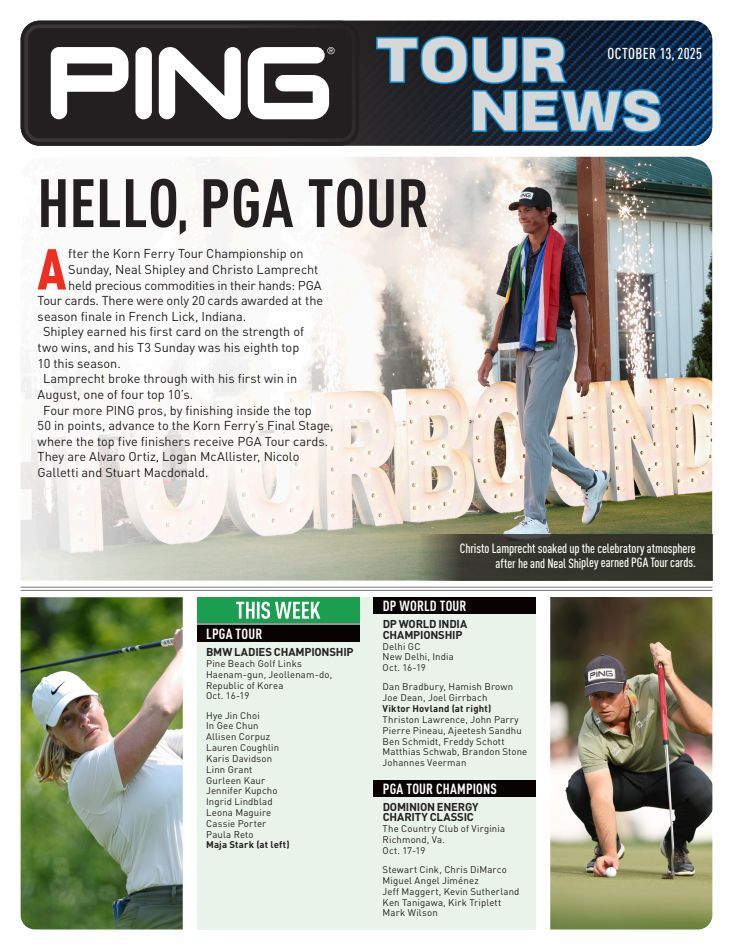 PING Tour News: PGA Championship headline; golfer celebrating victory.