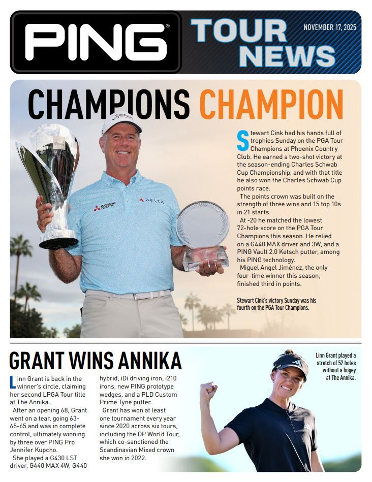 Man holding trophies; PING Tour News headline. Grant wins Annika.
