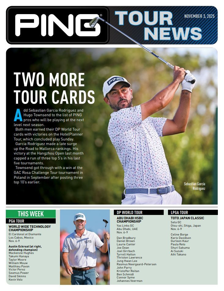 PING Tour News cover, golfer in action, white hat, green grass.