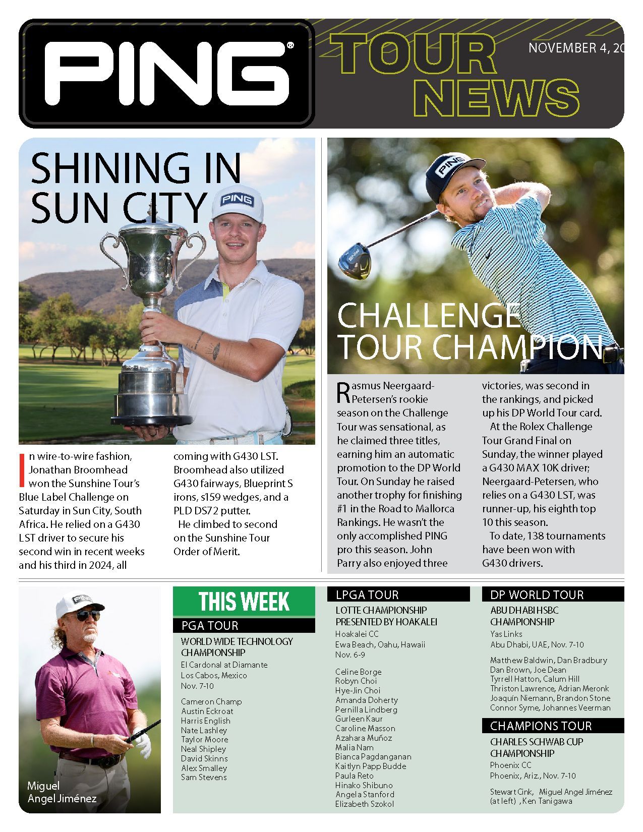 A ping tour news newspaper with a man holding a trophy and a woman swinging a golf club.