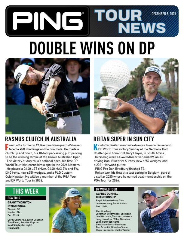 Golfers celebrating wins at tournaments. Rasmus at a golf event in Australia, Reitan with a trophy in Sun City.