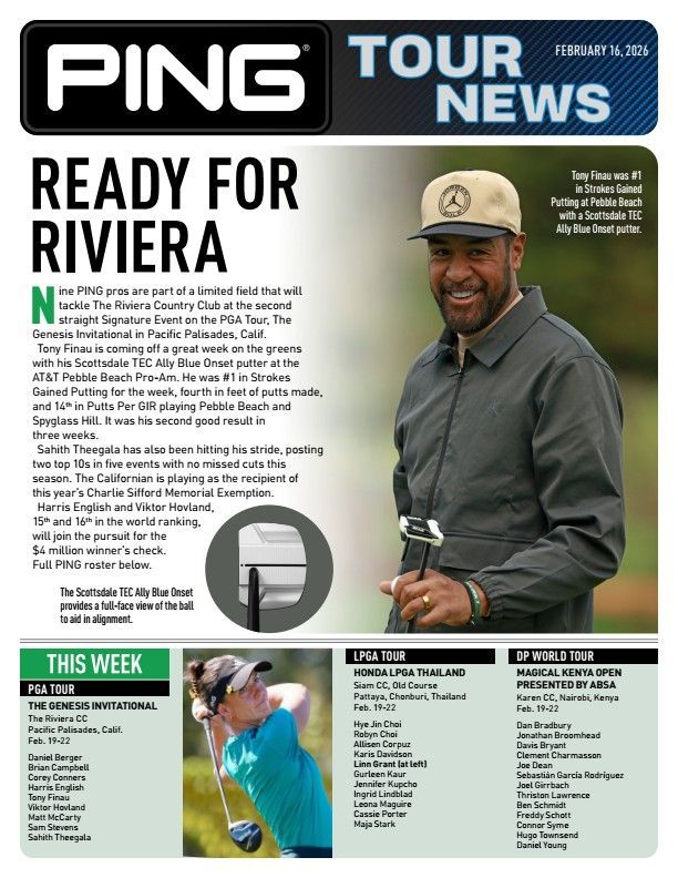 Ping Tour News headline. Golfer at Riviera Country Club. Features a Ping golf club.
