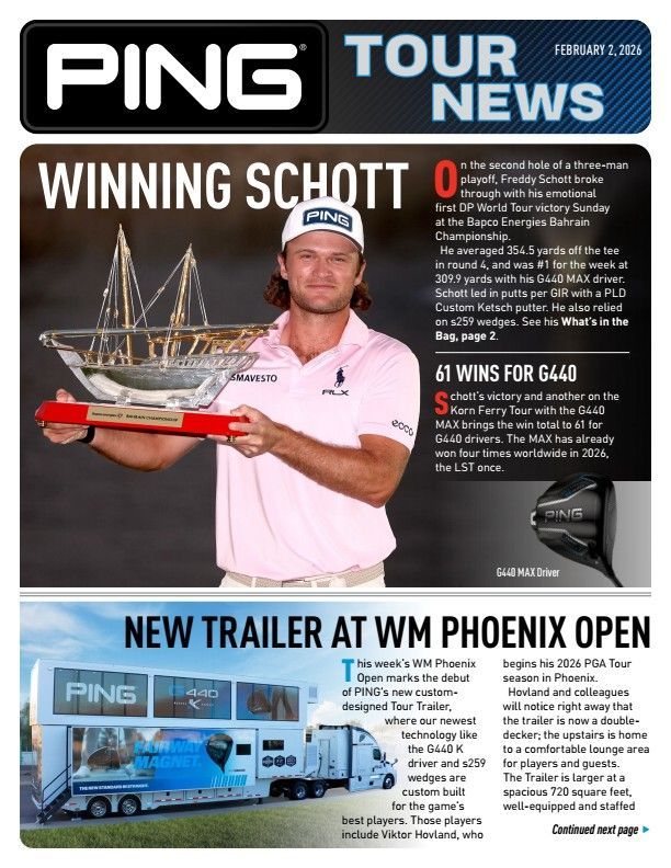 Golfer Schott holding trophy; PING Tour News headline. New trailer at WM Phoenix Open.
