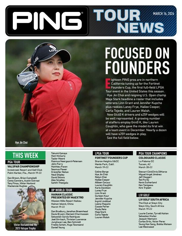 A Ping Tour News report features golfer Ryu Jin Choi in red and a listing of tour players and tournament updates.