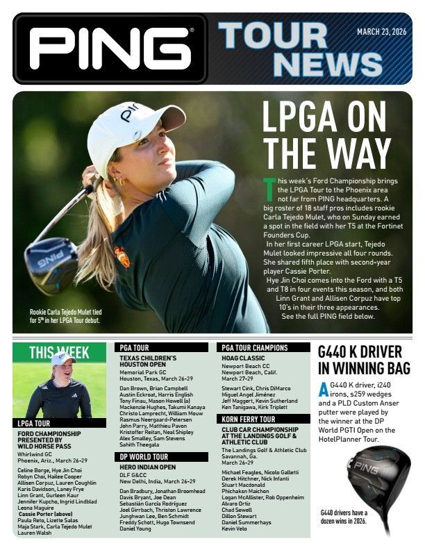 PING Tour News flyer showing golfer Cayla Voshon, event schedules for golf tournaments, and product highlights.