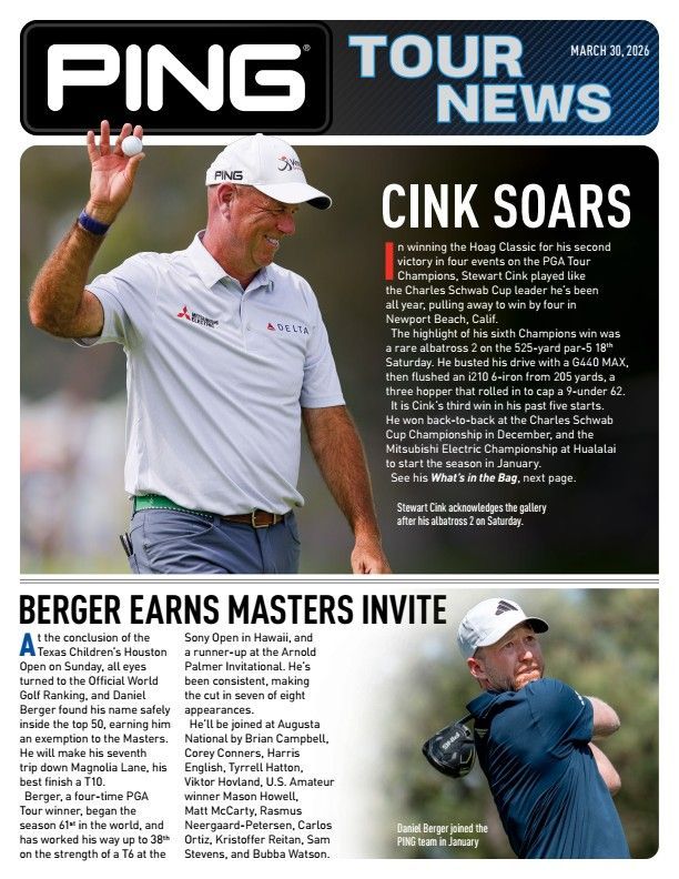 A PING Tour News newsletter with photos of golfers Stewart Cink and Daniel Berger, plus headlines about their recent wins.