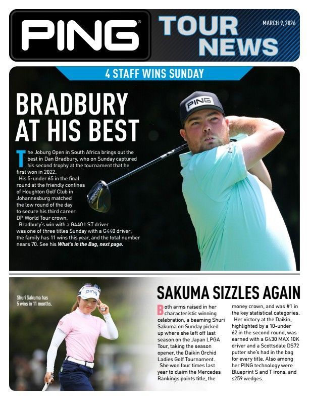 PING Tour News headline: Bradbury at his best. Golfer swinging club on course, and female golfer smiling.
