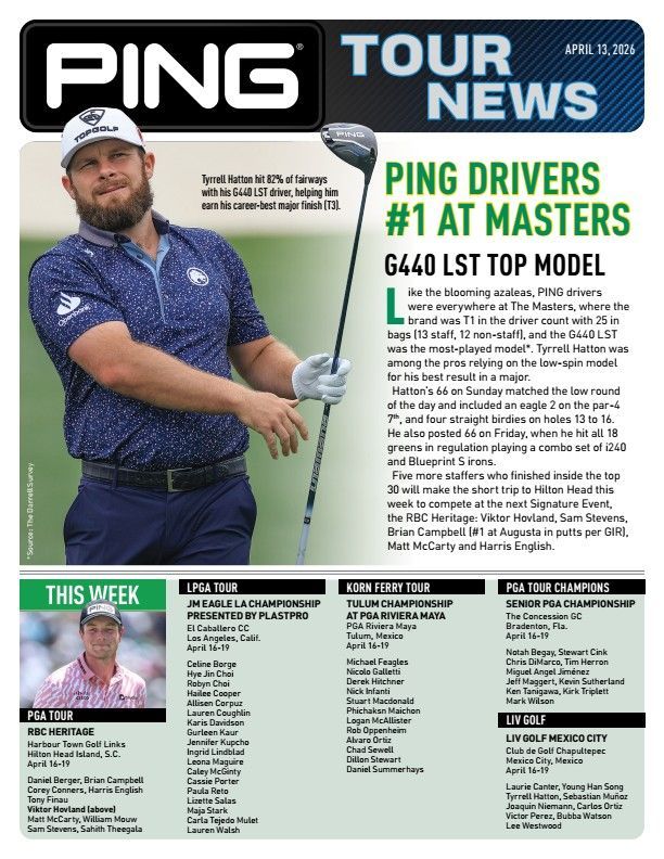 Ping Tour News flyer featuring a golfer and a report on Ping drivers being the most played model at The Masters.
