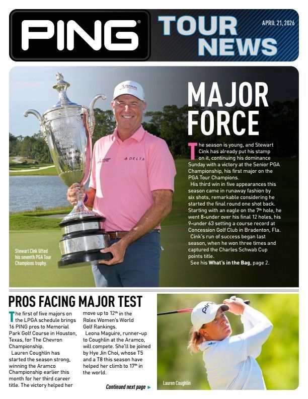 PING Tour News cover featuring a golfer holding a trophy with “Major Force” headline