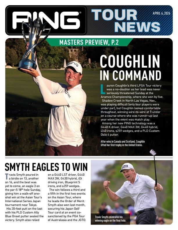 Ping Tour News newsletter featuring golfer Lauren Coughlin with a trophy and Travis Smyth celebrating a win.