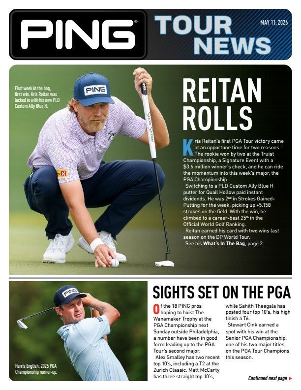 PING Tour News cover featuring a golfer crouching over a putt and a swing photo, with headlines on Reitan Rolls and PGA sights