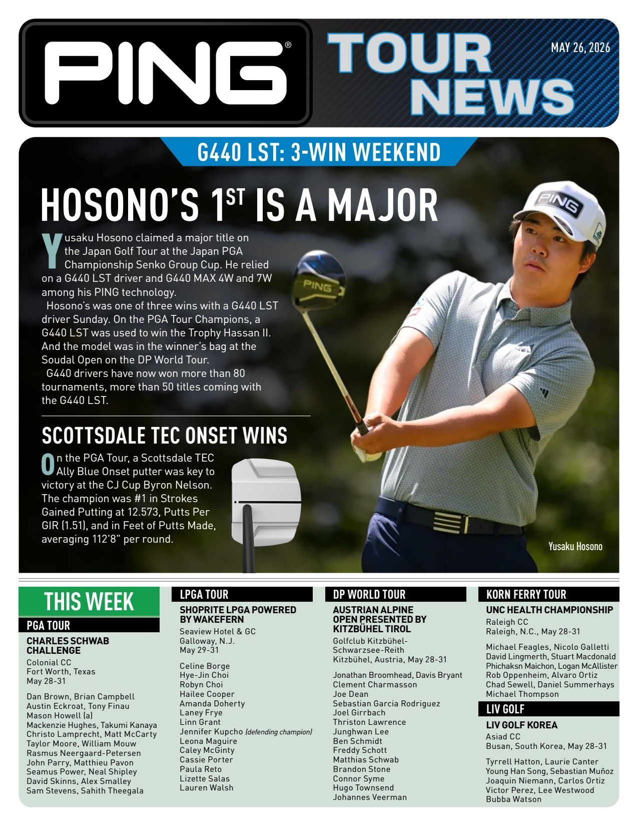 PING Tour News cover featuring a golfer swinging a club with headline about Hosono’s first major win
