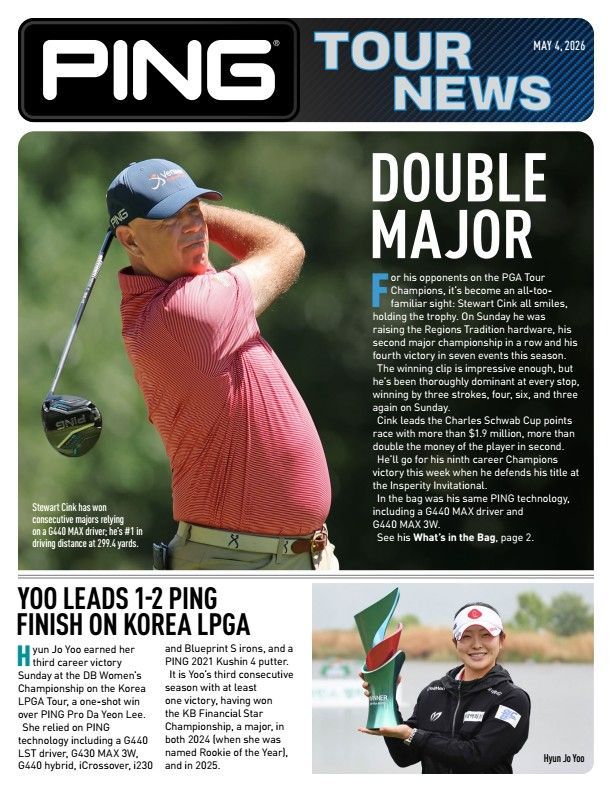 PING Tour News magazine cover with golfer in pink shirt and title “Double Major”