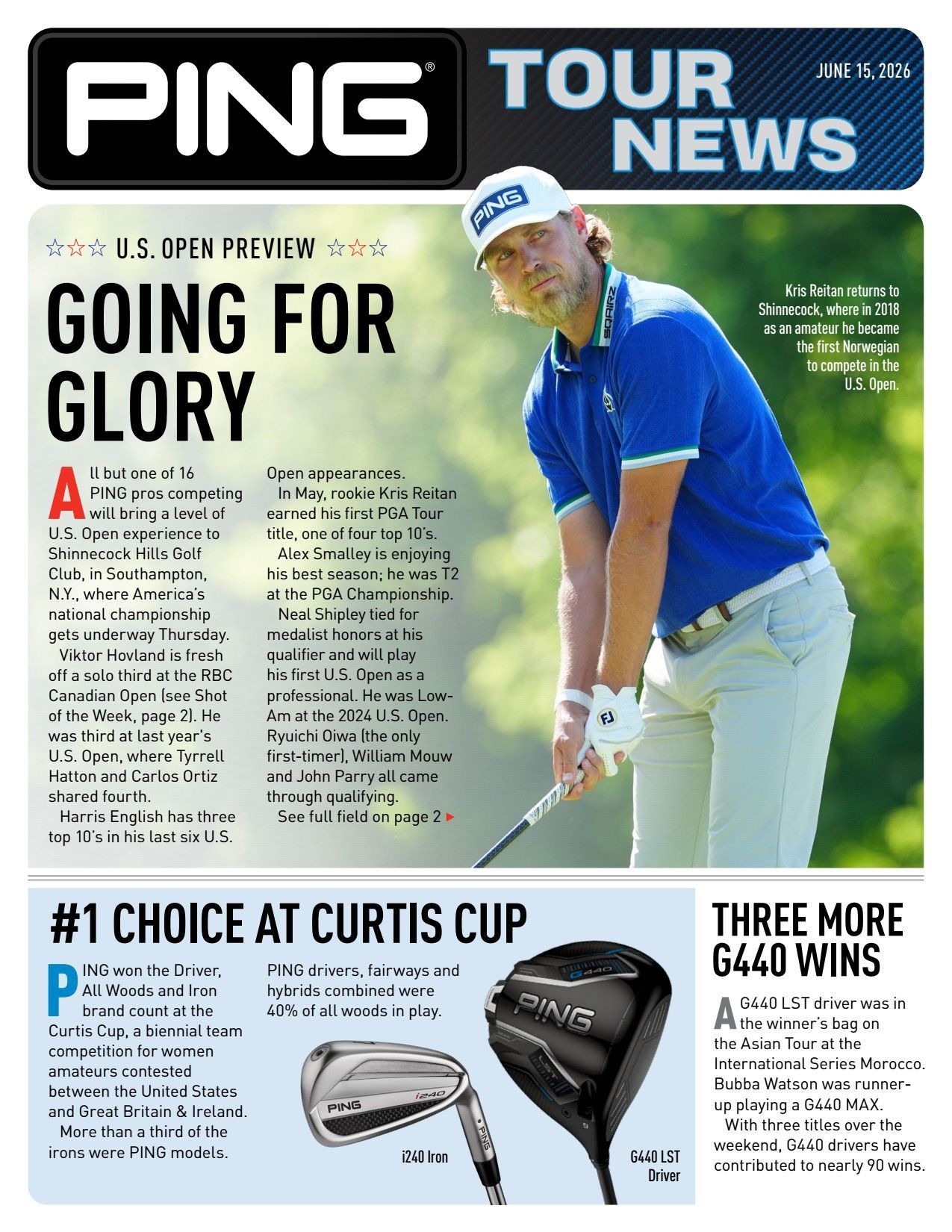 Golf magazine cover featuring a golfer in blue mid-swing and headlines about tour news and golf clubs