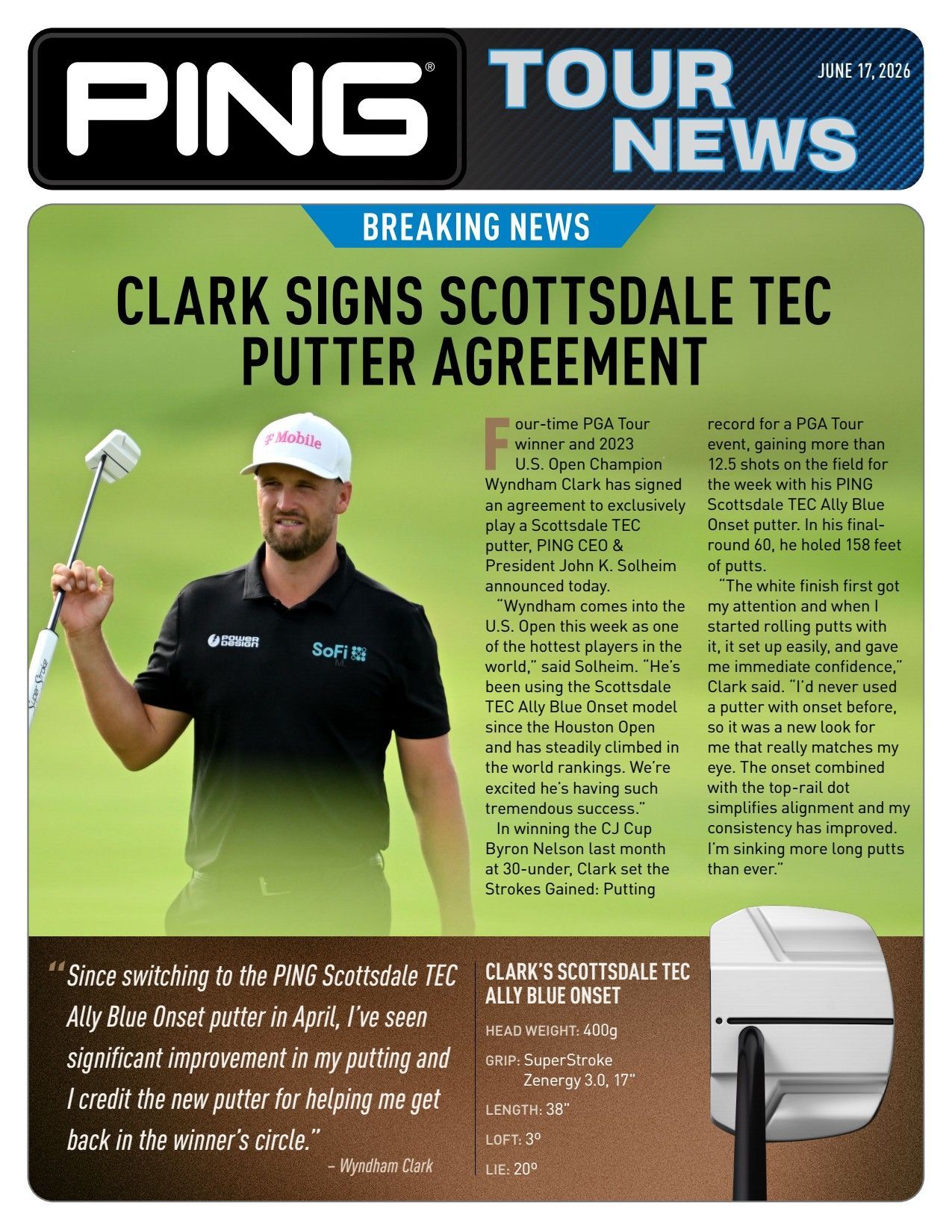 Golf news graphic: golfer holding a putter, headline reads “Clark signs Scottsdale Tec putter agreement.”