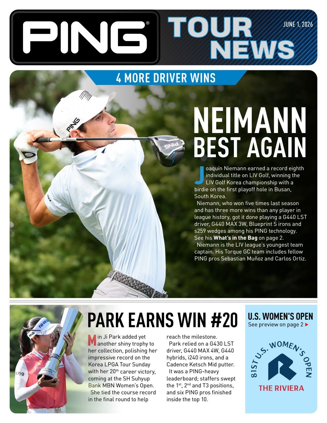 PING Tour News cover with golfer swinging; headline “Neimann Best Again” and “Park earns win #20”