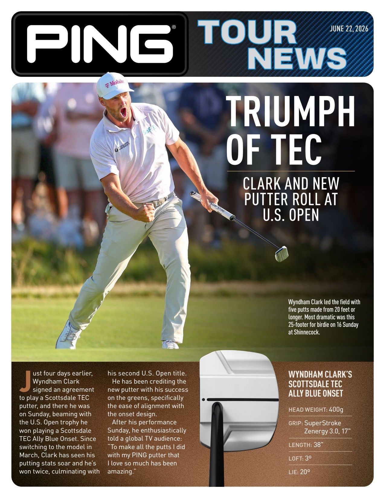 Golf magazine cover featuring a golfer putting on a course, with headline “Triumph of Tec” and “Tour News” branding
