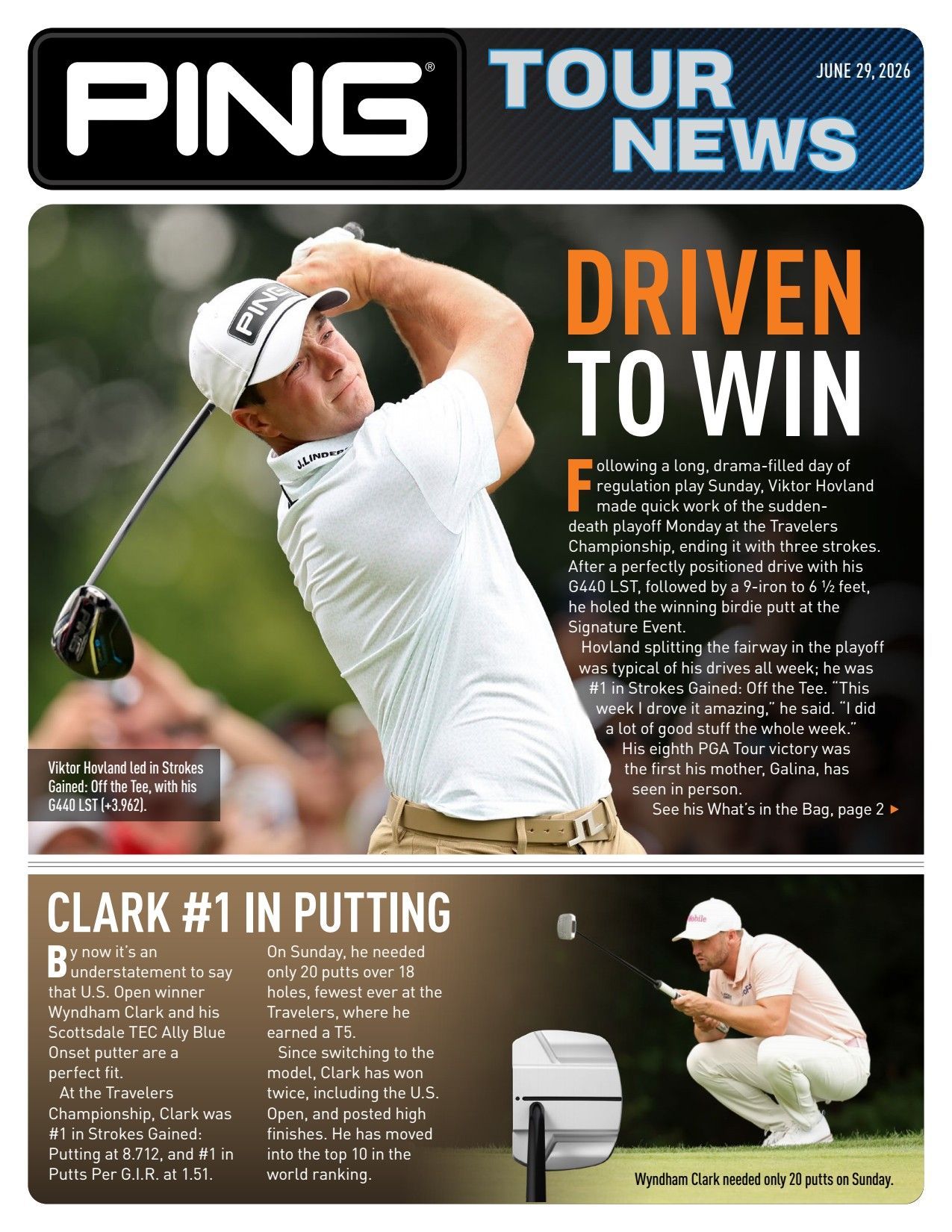 PING Tour News cover featuring a golfer swinging, with bold text “DRIVEN TO WIN.”