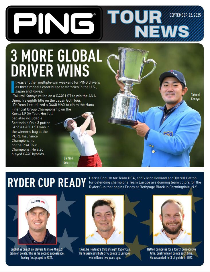 Ping Tour News: Golfer holding trophy, three Ryder Cup team members.