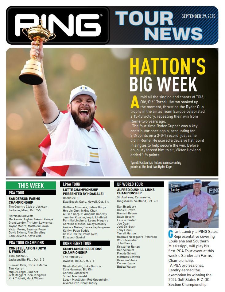 Golf newsletter: Hatton celebrates Ryder Cup win. Text: tournaments, leaderboard, and Ping logo.