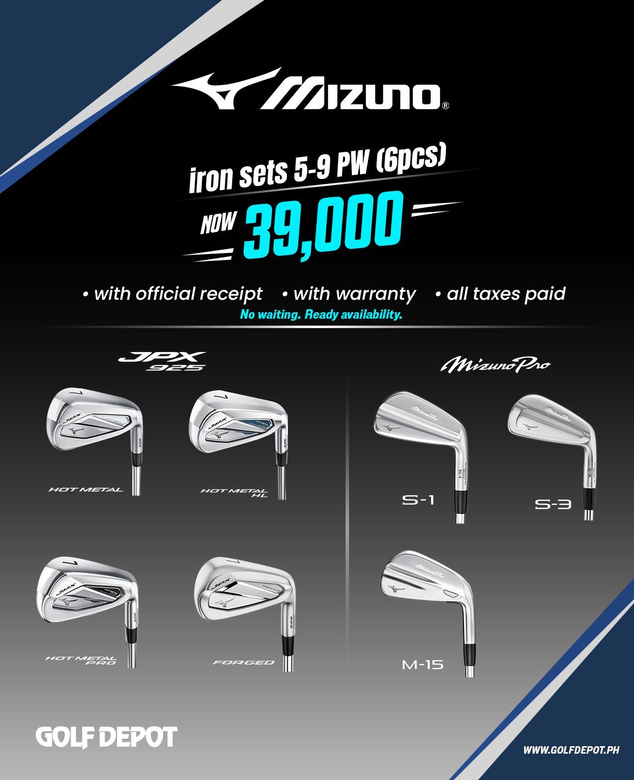 Mizuno iron set ad on black background, showing 5 to PW clubs, price 39,000 and Golf Depot branding