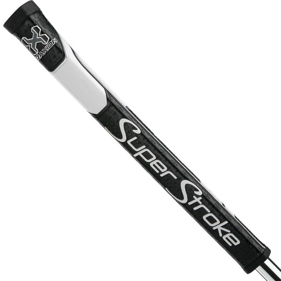A golf club with a black and white grip that says super stroke