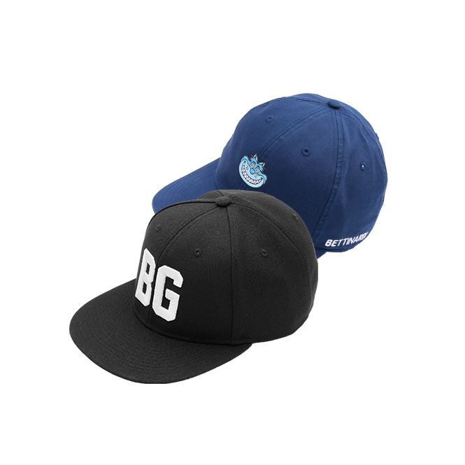 Two baseball caps with the letters bg on them