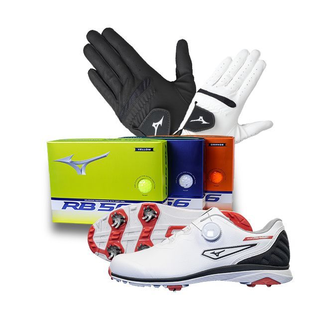 A pair of golf gloves , a pair of golf shoes , and a box of golf balls.